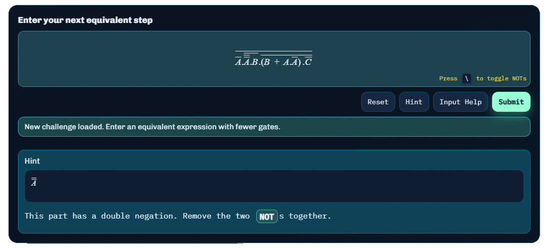 Boolinator can offer hints if you are struggling with the next step in simplifying a Boolean expression.