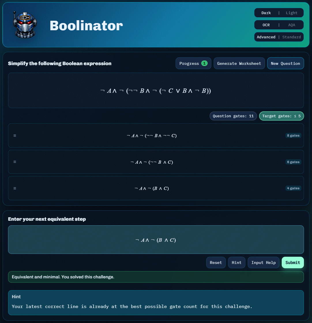 Boolinator can use the two main notation styles, making it suitable for different exam board preferences.
