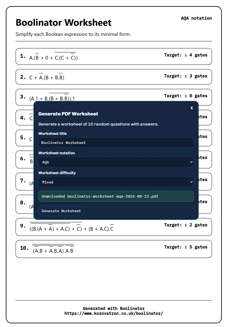 Boolinator includes a random worksheet generator (with answers) ideal for use in lessons or to set as homework.