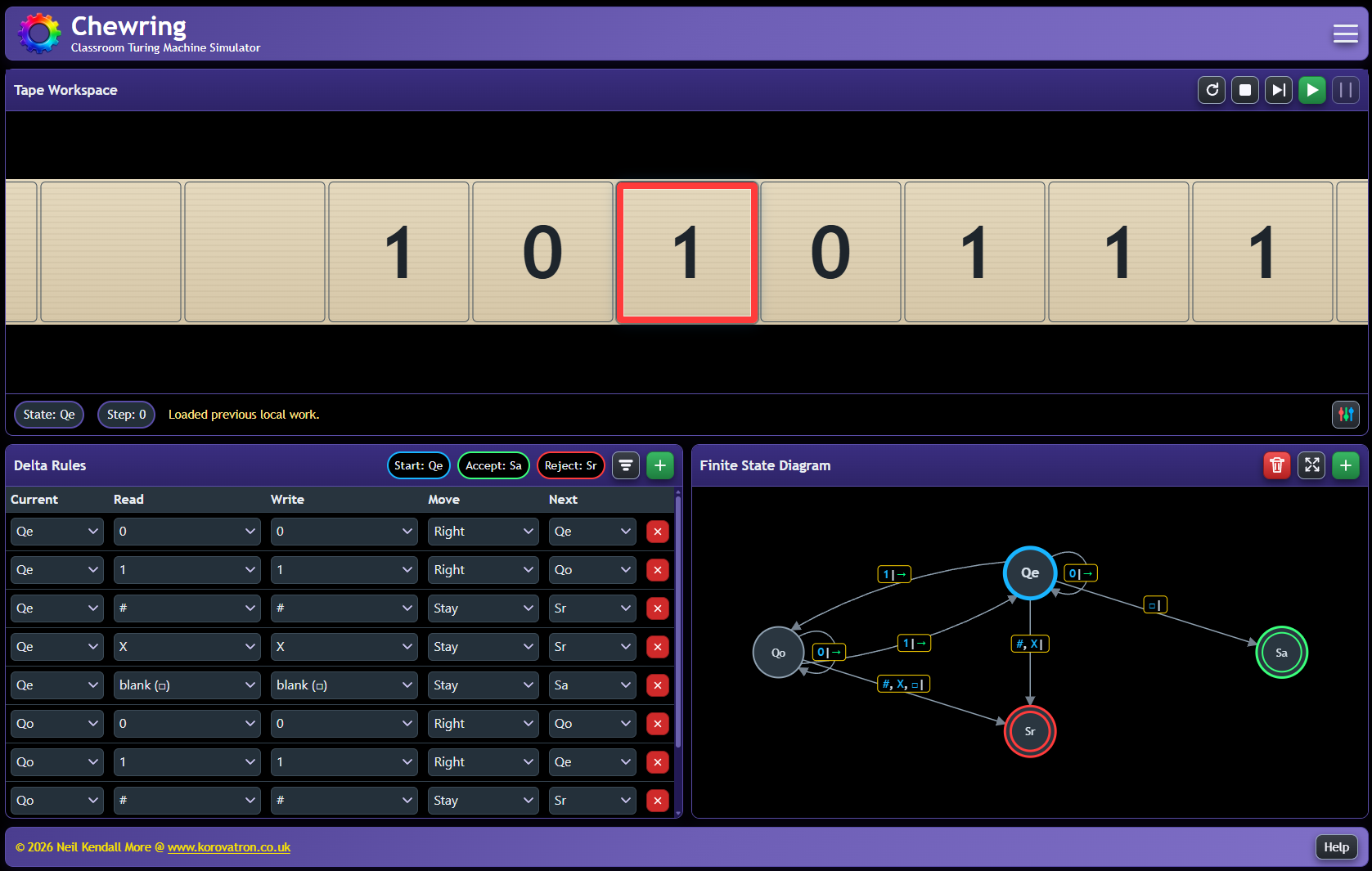 Chewring is a Turing machine simulator for A-level Computer Science, designed for classroom demonstrations and for students building their own machines and completing student tasks through an intuitive interface.
