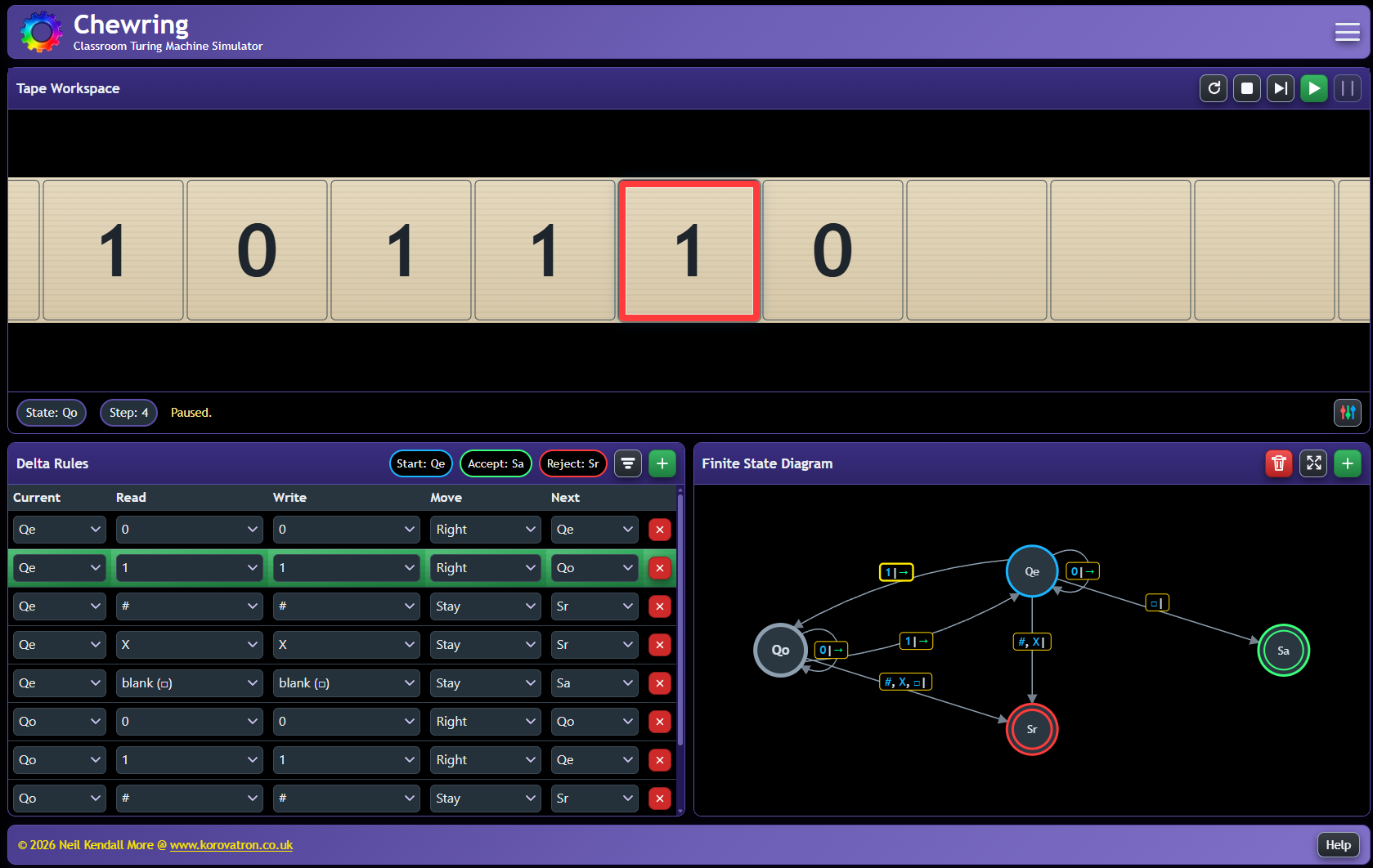 Chewring allows you to step through the execution of your Turing machine, observing the changes in the tape and the current state.