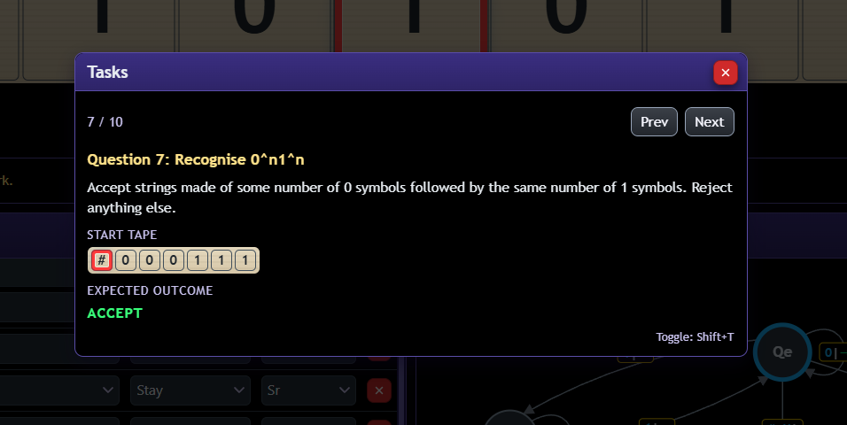 Chewring has built-in student tasks that you can complete to practice your understanding of Turing machines.