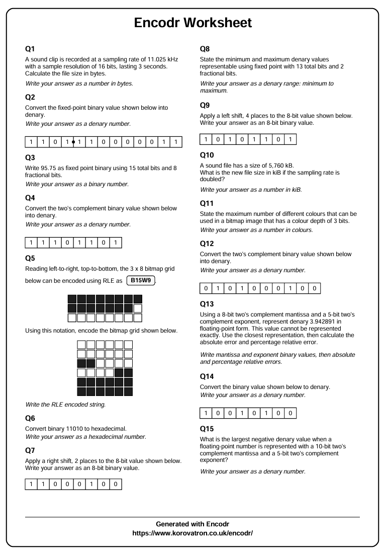 Encodr can generate worksheets with spaces for students to write answers or they can be generated in compact mode to save ink and paper.