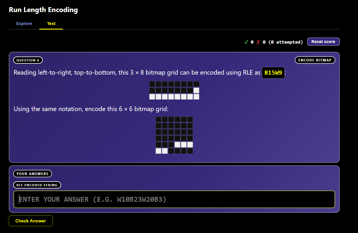 Encodr has interactive tests in each section that generate random questions and give instant feedback.