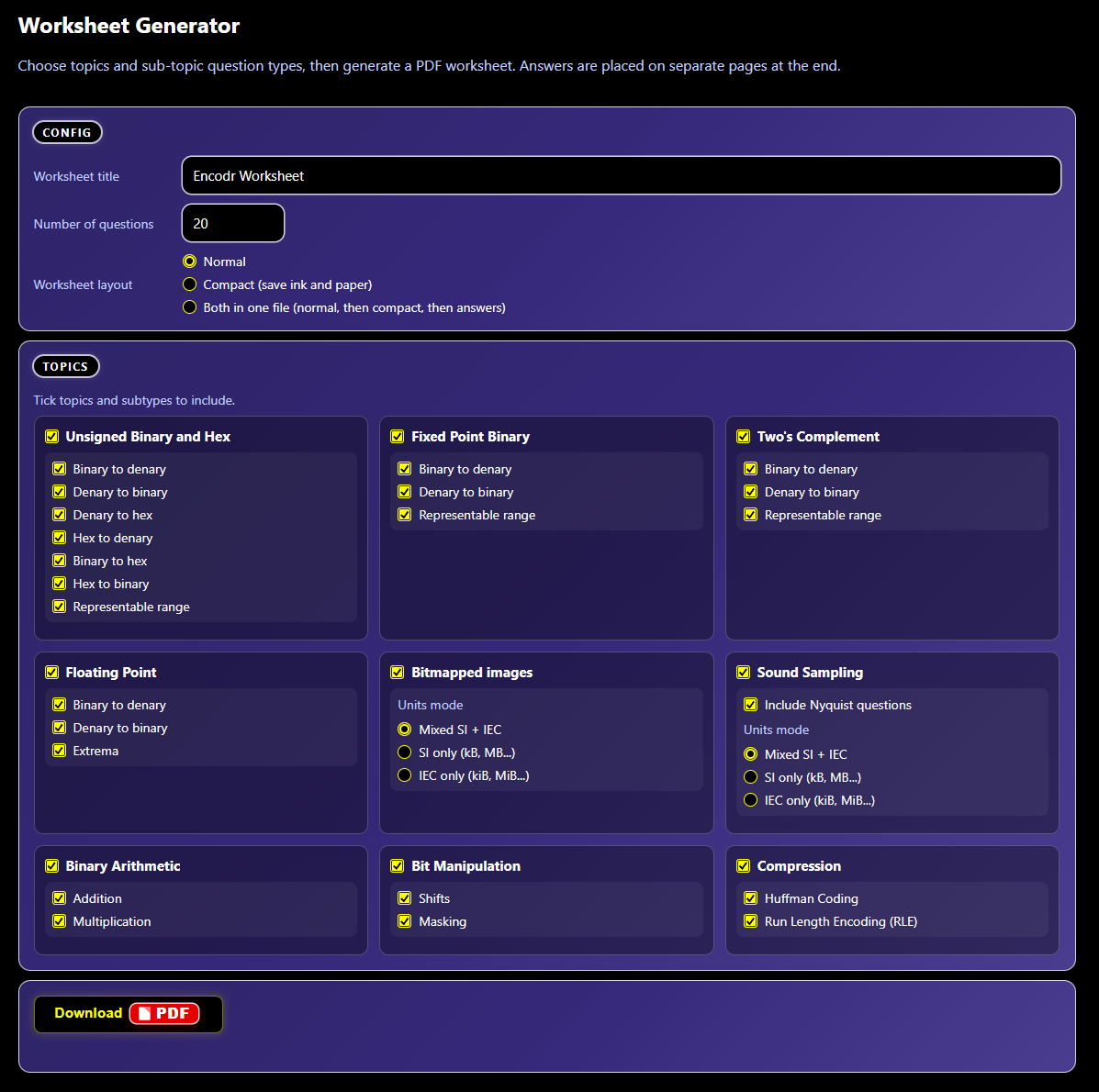 Encodr has an interactive random worksheet generator, allowing you to create custom exercises for practice and homework. Choose which topics to include and the number of questions. Worksheets can be printed or saved as PDFs.