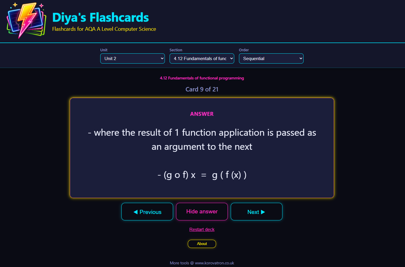 Digital flashcards covering the entire AQA A Level Computer Science specification. Generously donated by a former student.