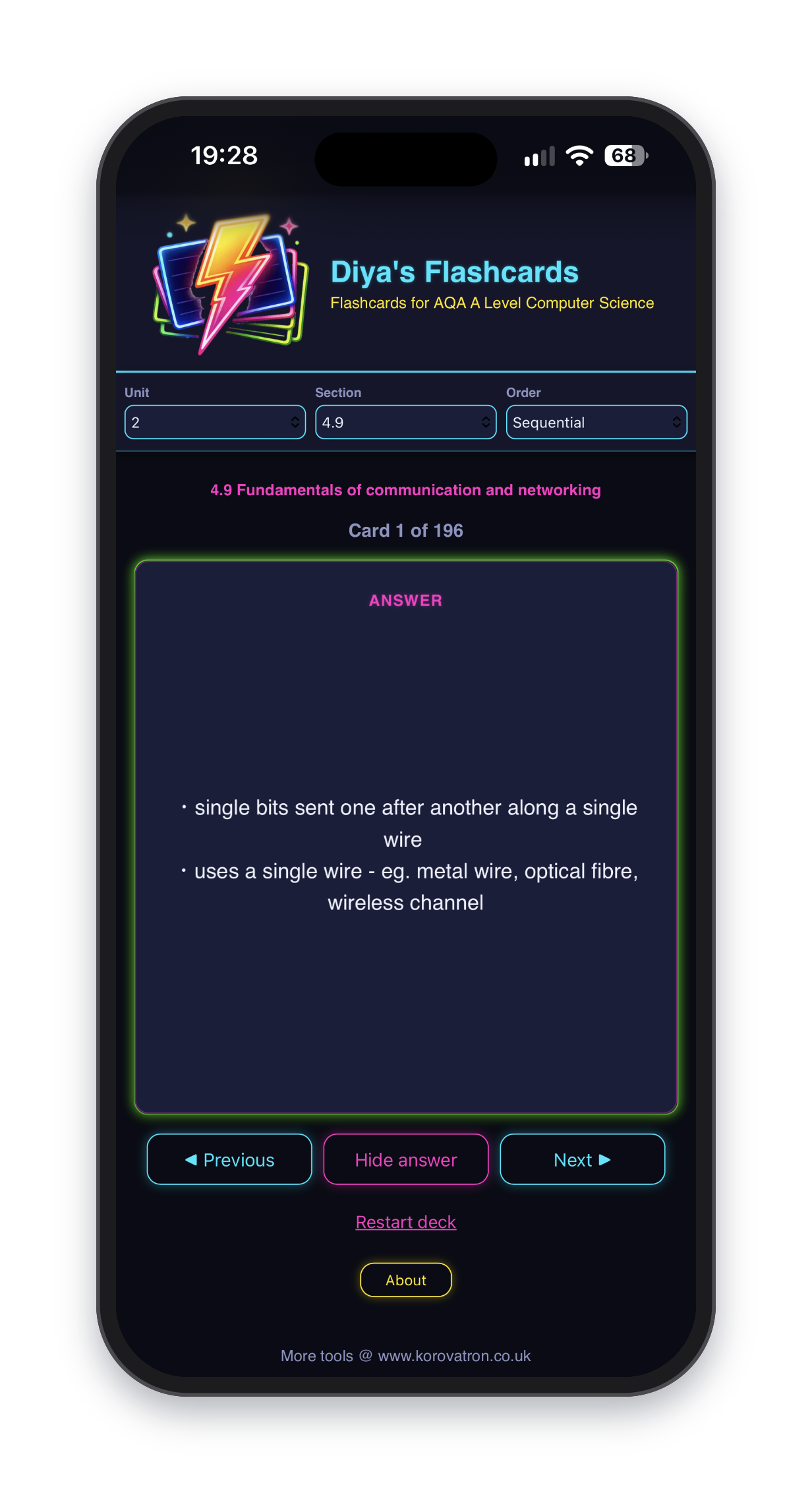 Diya's Flashcards are mobile friendly and can be installed for offline use.