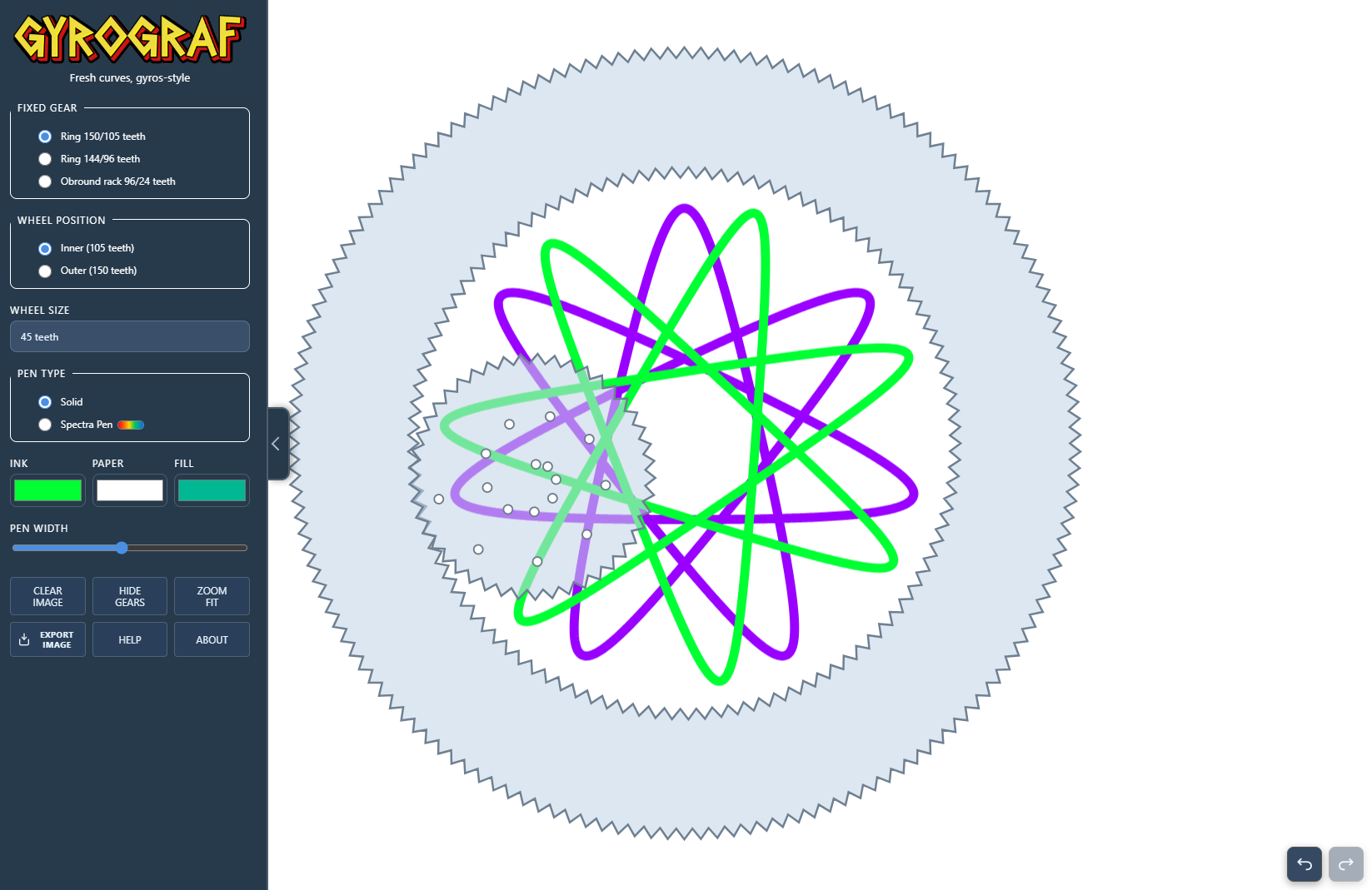 Create intricate Spirograph-style designs in this interactive drawing app. Inspired by the classic drawing toy popularised by Denys Fisher, Gyrograf lets you choose different rings and wheels, experiment with combinations, and watch geometric patterns emerge as you draw.