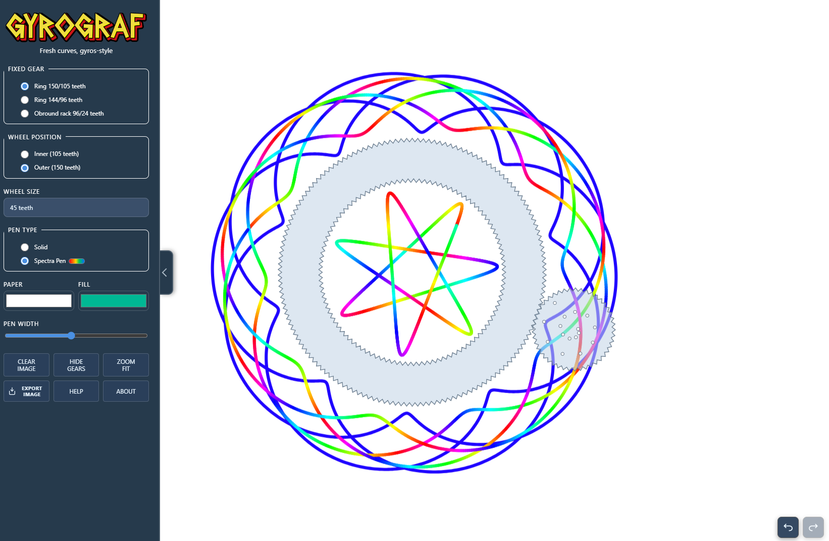 Gyrograf lets you precisely position the wheels and rings to create complex patterns.