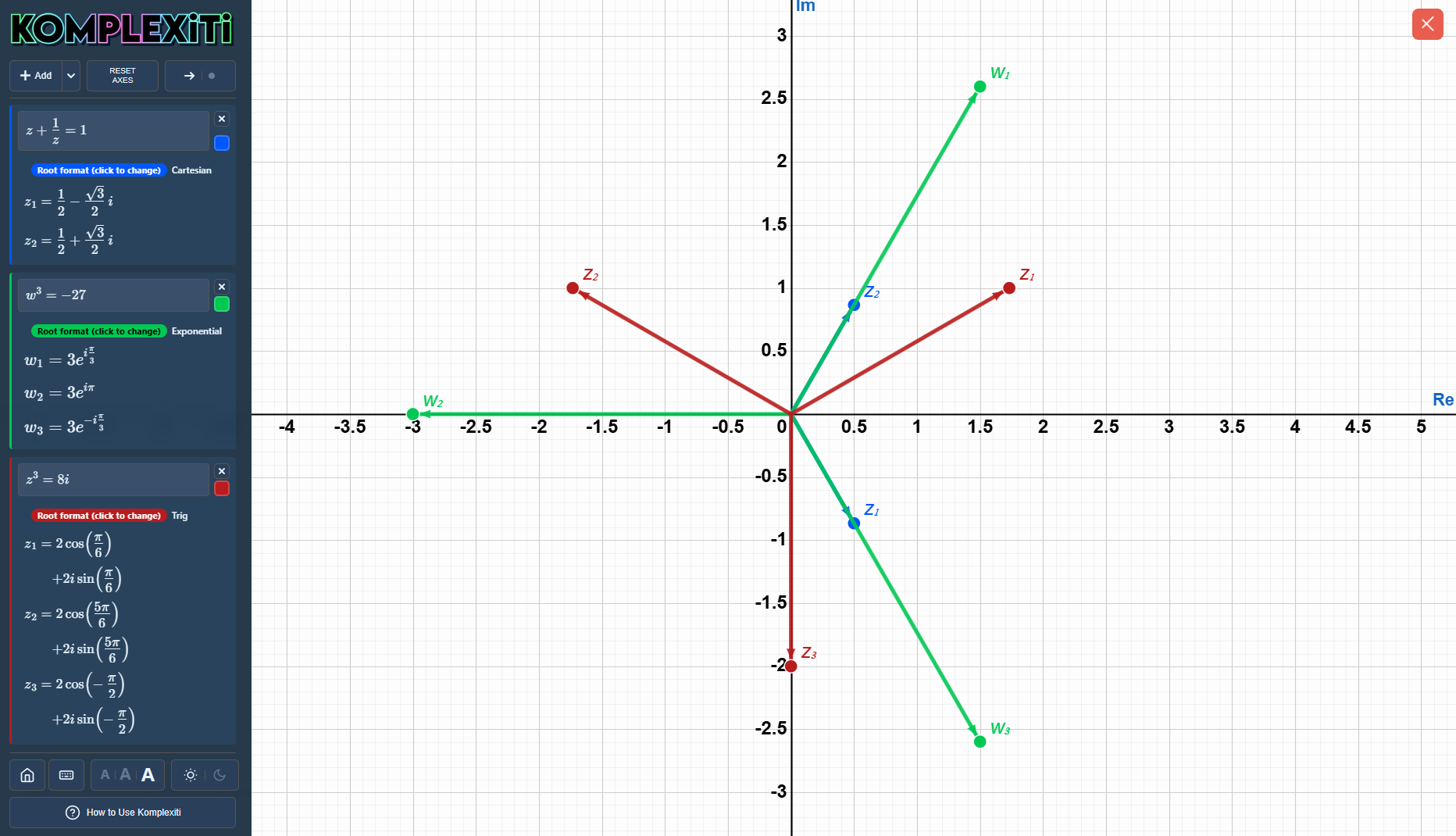 Komplexiti can solve complex equations, displaying the roots on an Argand diagram as well as listing them in cartesian, exponential or trigonometric forms, using surds and pi where appropriate.