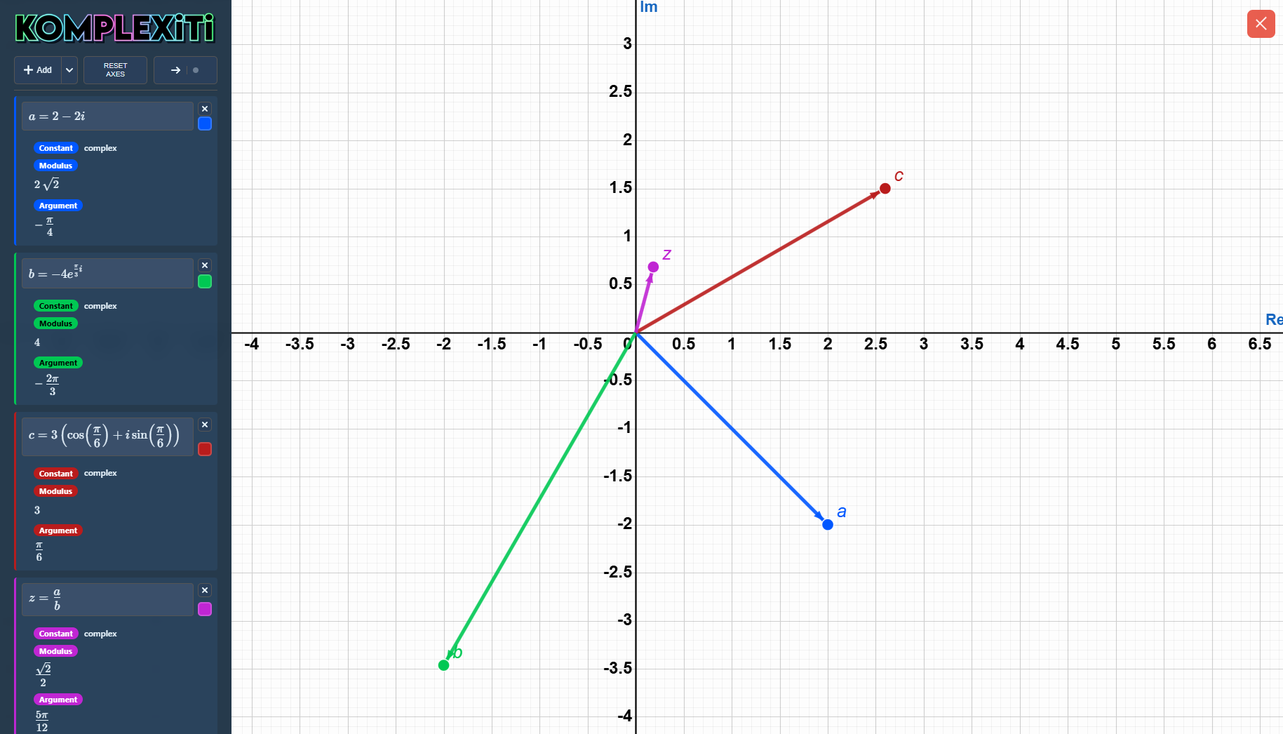 Komplexiti is an interactive Argand diagram workspace for exploring complex numbers, plotting loci, solving equations, and visualising inequalities with instant geometric feedback.