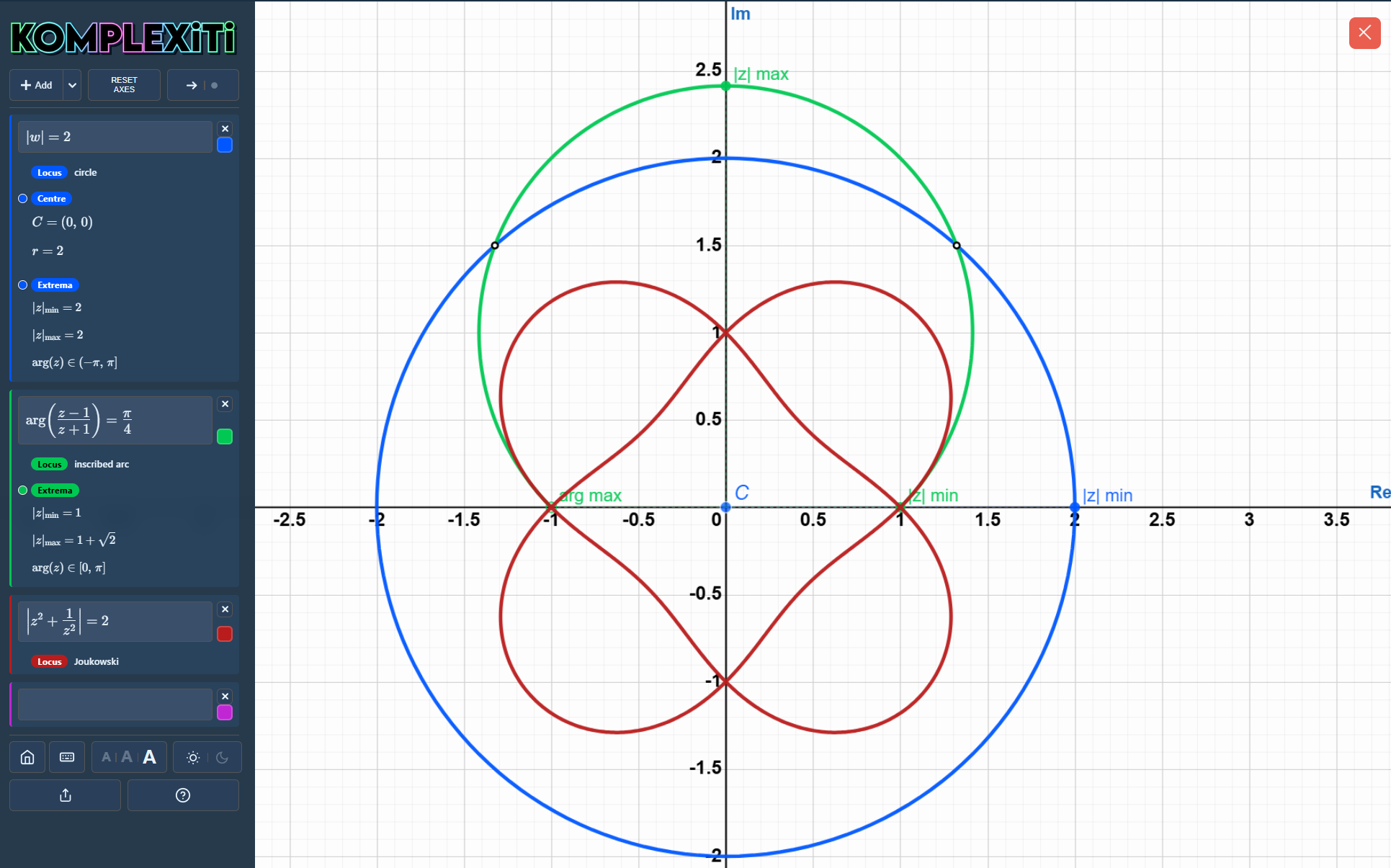 Komplexiti can plot complex loci on the Argand diagram, helping visualise the geometric representation of complex numbers. Komplexiti displays appropriate meta data for recognised loci.