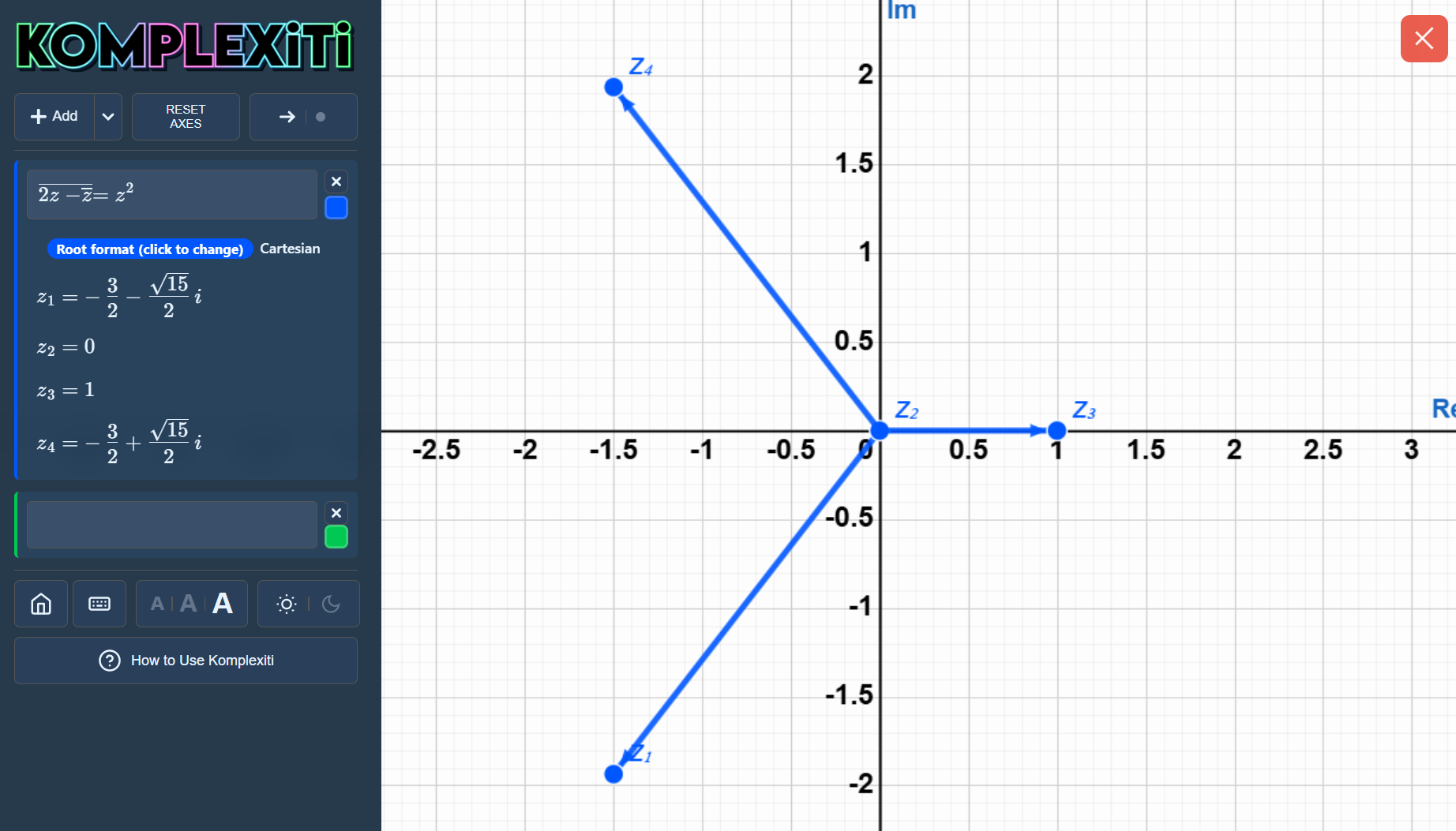 Komplexiti can solve equations involving complex conjugates, displaying the roots on an Argand diagram as well as listing them in cartesian, exponential or trigonometric forms, using surds and pi where appropriate.