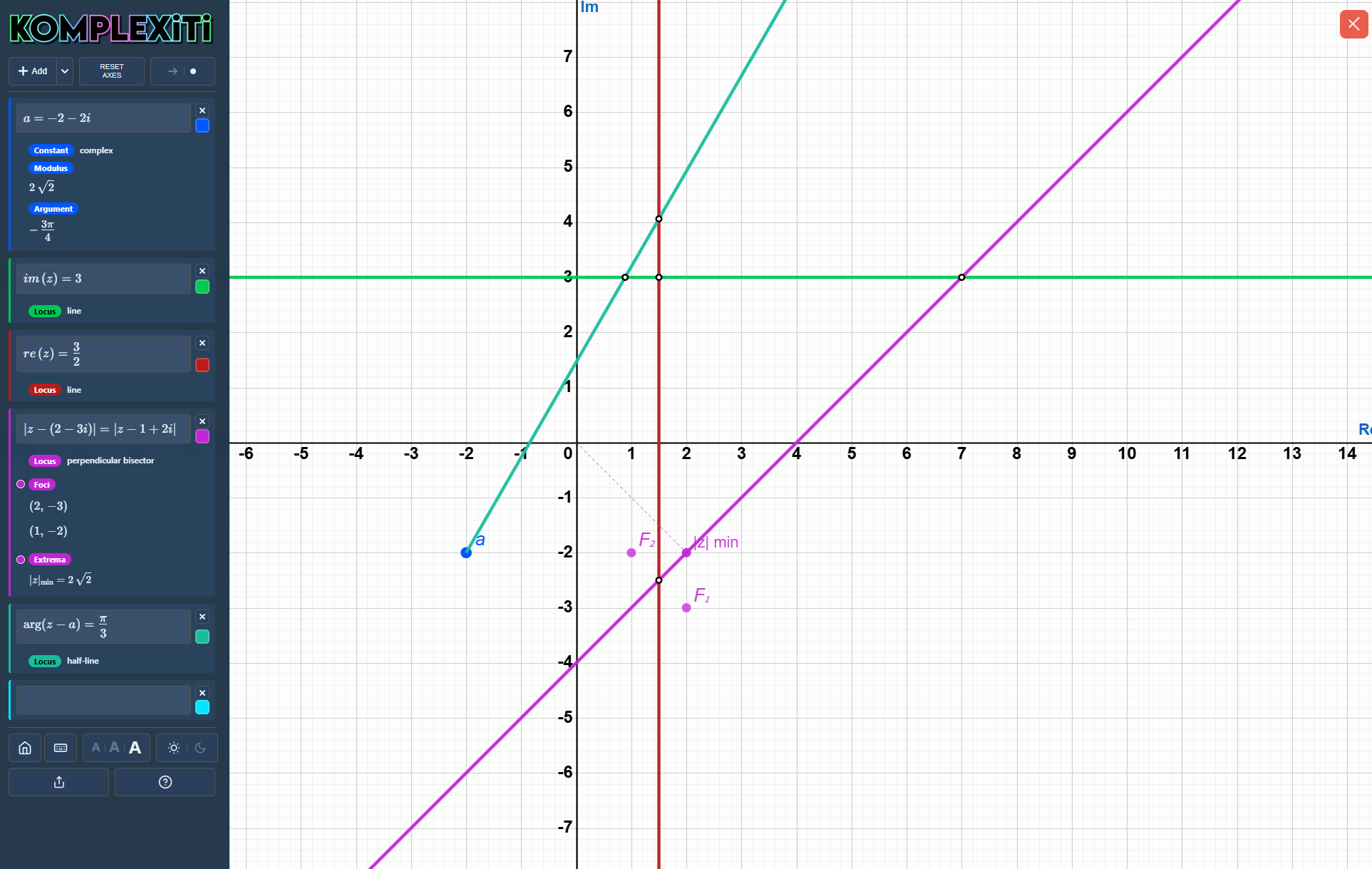Komplexiti can plot lines, half-lines and perpendicular bisectors as loci on the Argand diagram, helping visualise the geometric representation of complex numbers. Komplexiti displays appropriate meta data for recognised loci.