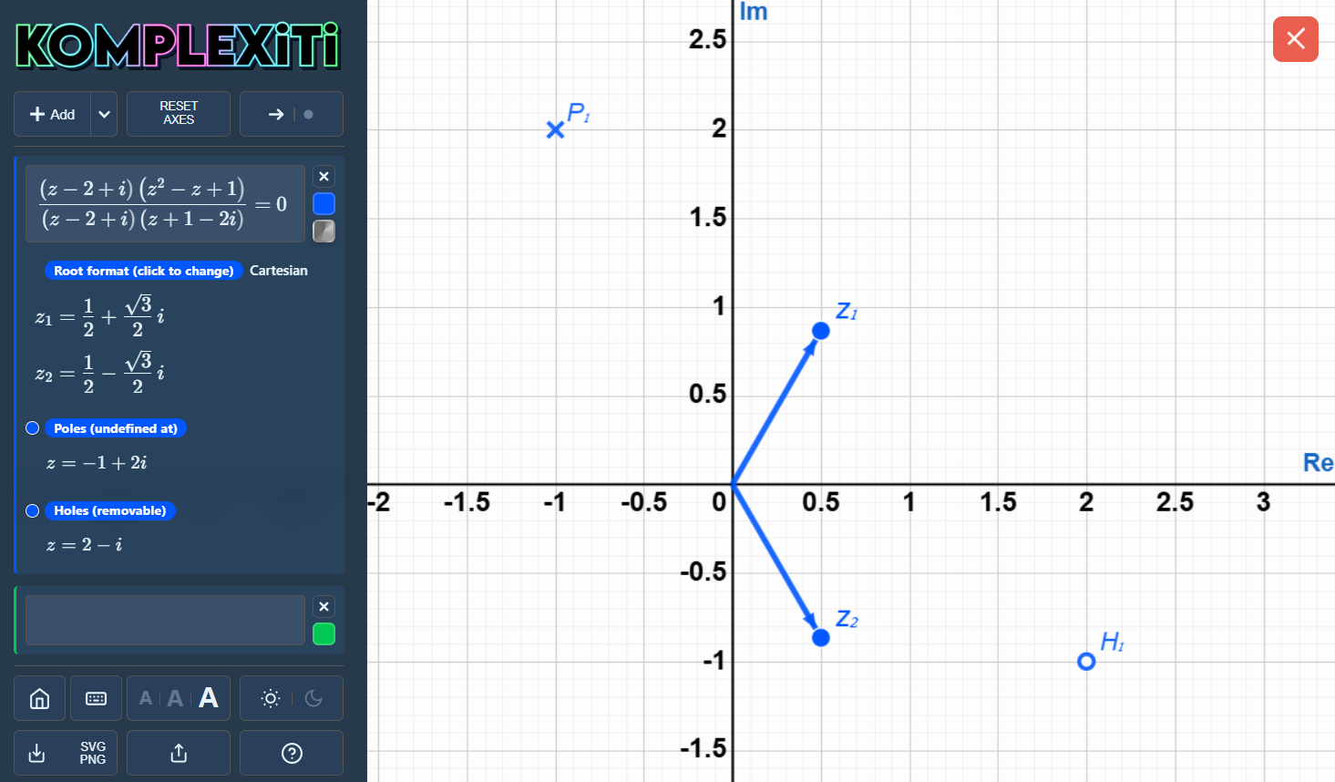 Komplexiti can identify poles and holes of complex functions, displaying them on an Argand diagram.