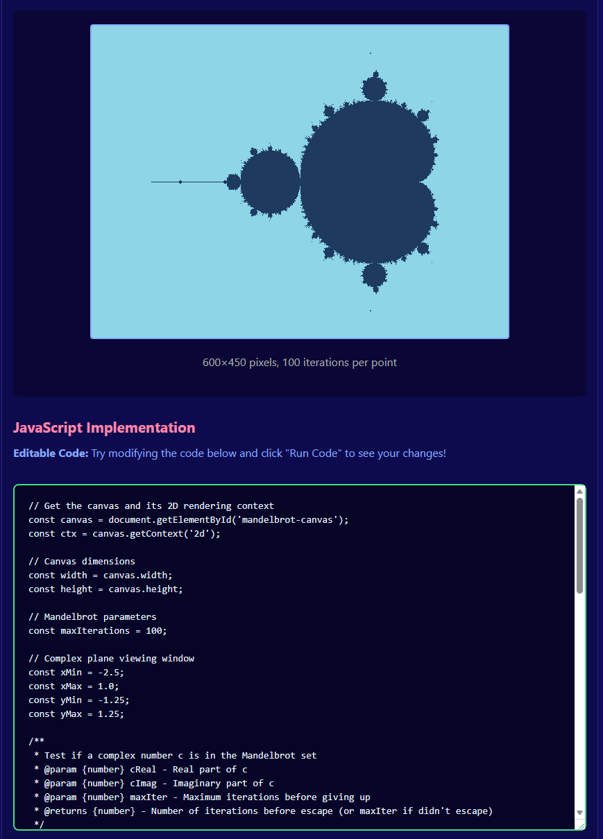 Mandelscope includes a guide to the algorithm used to generate the Mandelbrot set, allowing you to experiment with your own live javascript implementation.