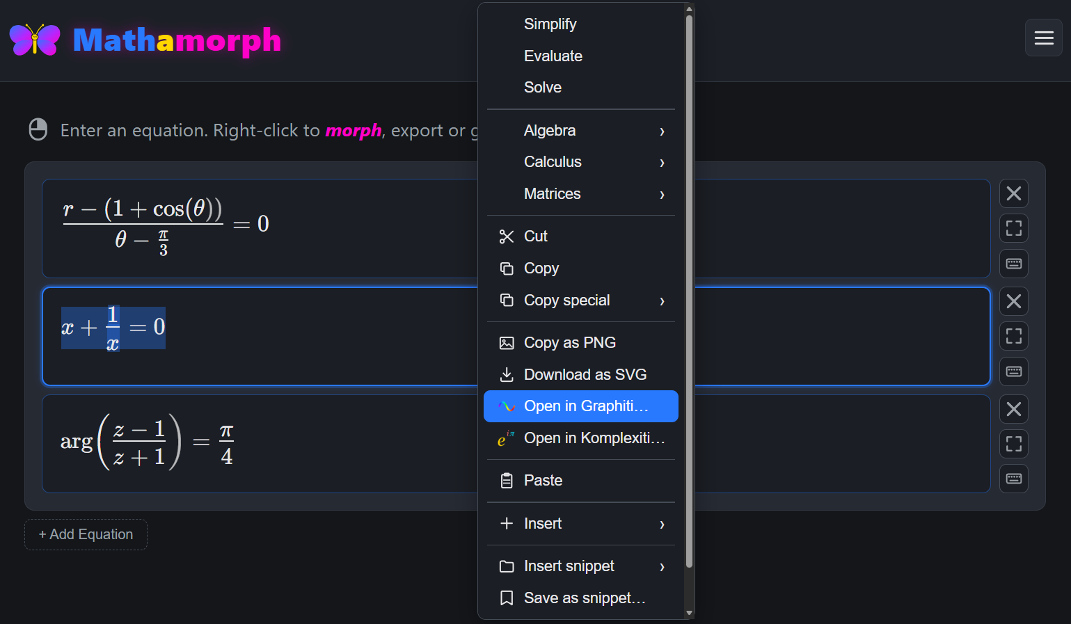 Mathamorph allows you to open valid equations directly in Graphiti or Komplexiti for instant plotting.