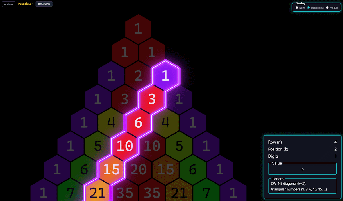 Pascalator allows you to explore an infinite Pascal's Triangle.