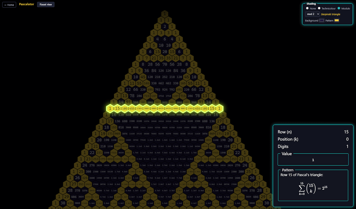 Pascalator can apply modulo shading to discover Sierpinski patterns.