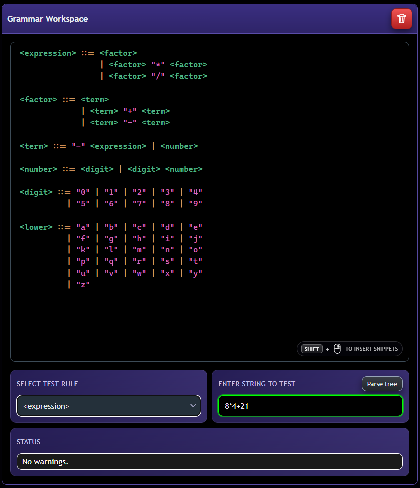 Syntaxor provides a grammar workspace where you can define and test grammar rules.