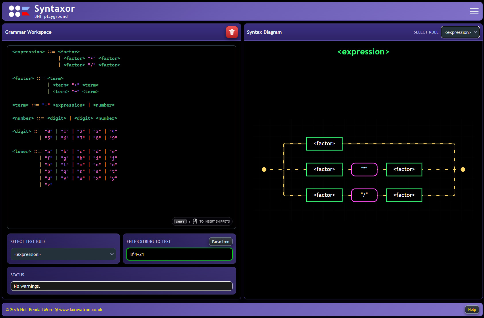Syntaxor is a Backus-Naur Form (BNF) playground for A Level Computer Science. Build grammar rules, test strings, and visualise syntax and parse trees. Includes worked examples and student exercises covering context-free grammars, parsing, and syntax trees.
