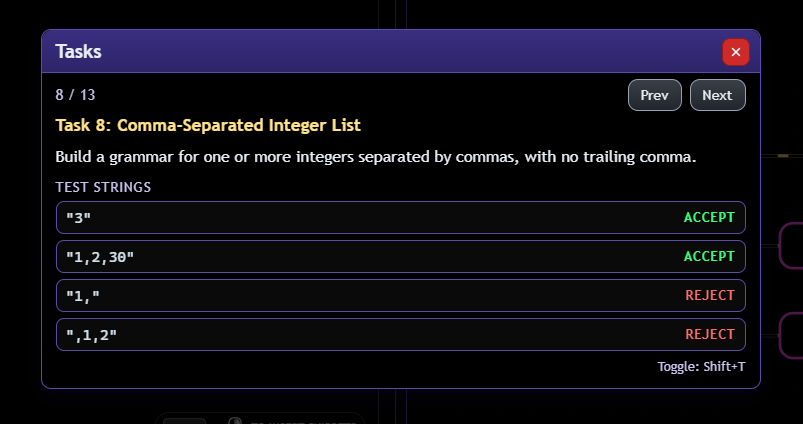 Syntaxor has built-in student exercises that you can complete to practice your understanding of grammars and parsing.