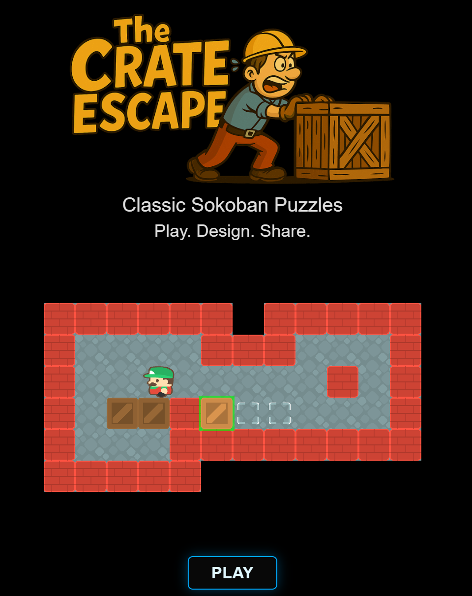 The Crate Escape is a Sokoban style puzzle game. Push, plan, and puzzle your way through over 1200 levels, playable on mobile, desktop, and tablet.