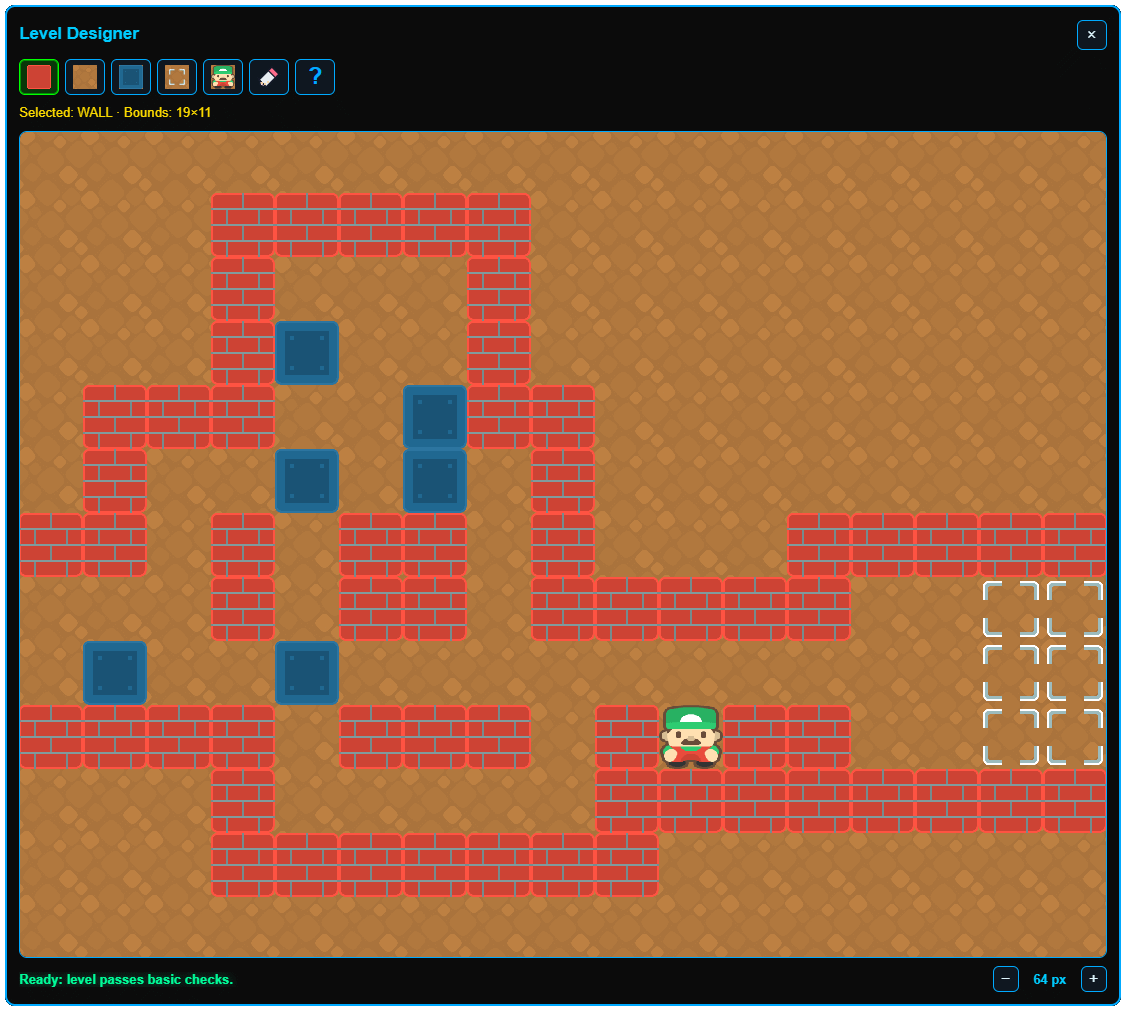 The Crate Escape includes a visual editor for creating and modifying levels, allowing you to design intricate puzzles. This is live synced with the XSB format.