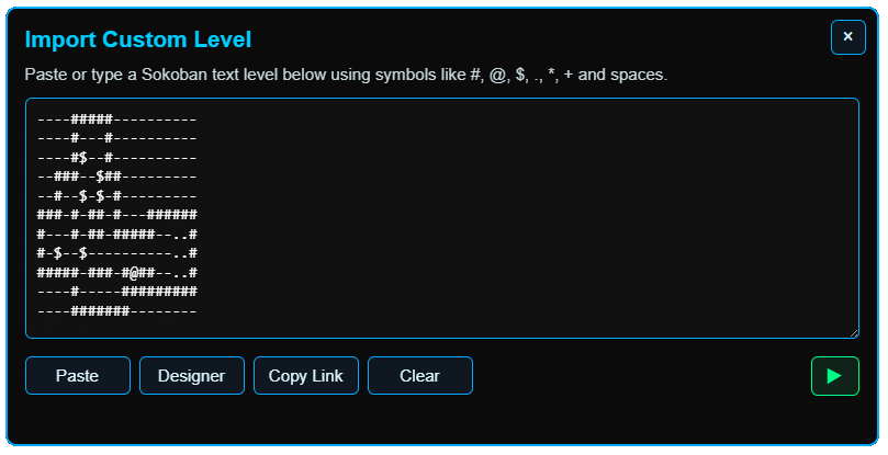 The Crate Escape allows you to import custom level files in the XSB format to play or modify. Levels can be shared via URL for others to play.