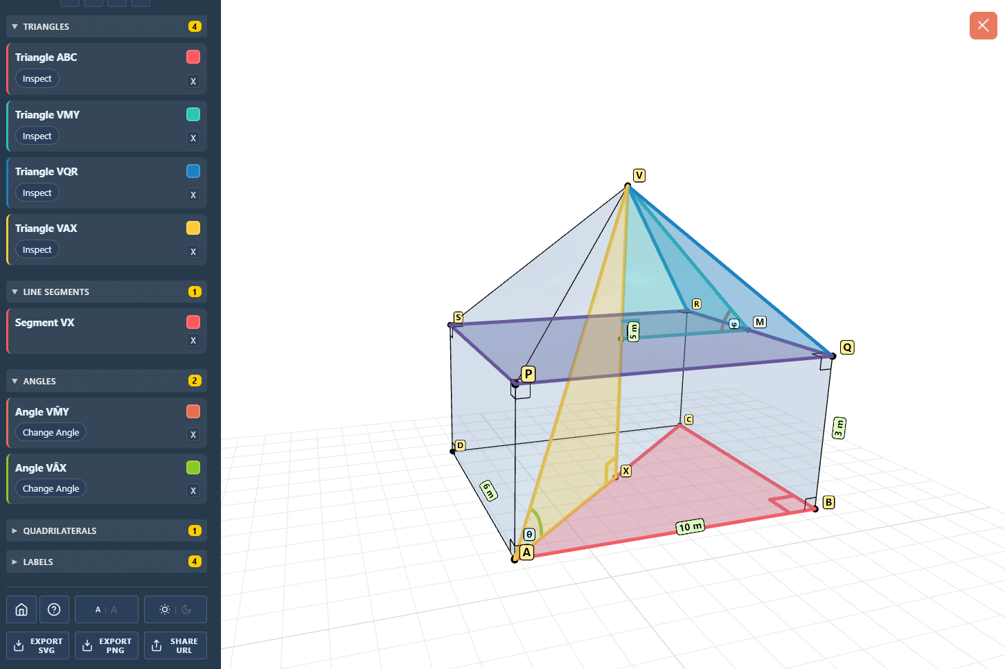 Add internal labels, angles, triangles, line-segments, quadrilaterals, and more to your solids. All items can be hidden at any time; ideal for gradually revealing features during a lesson.