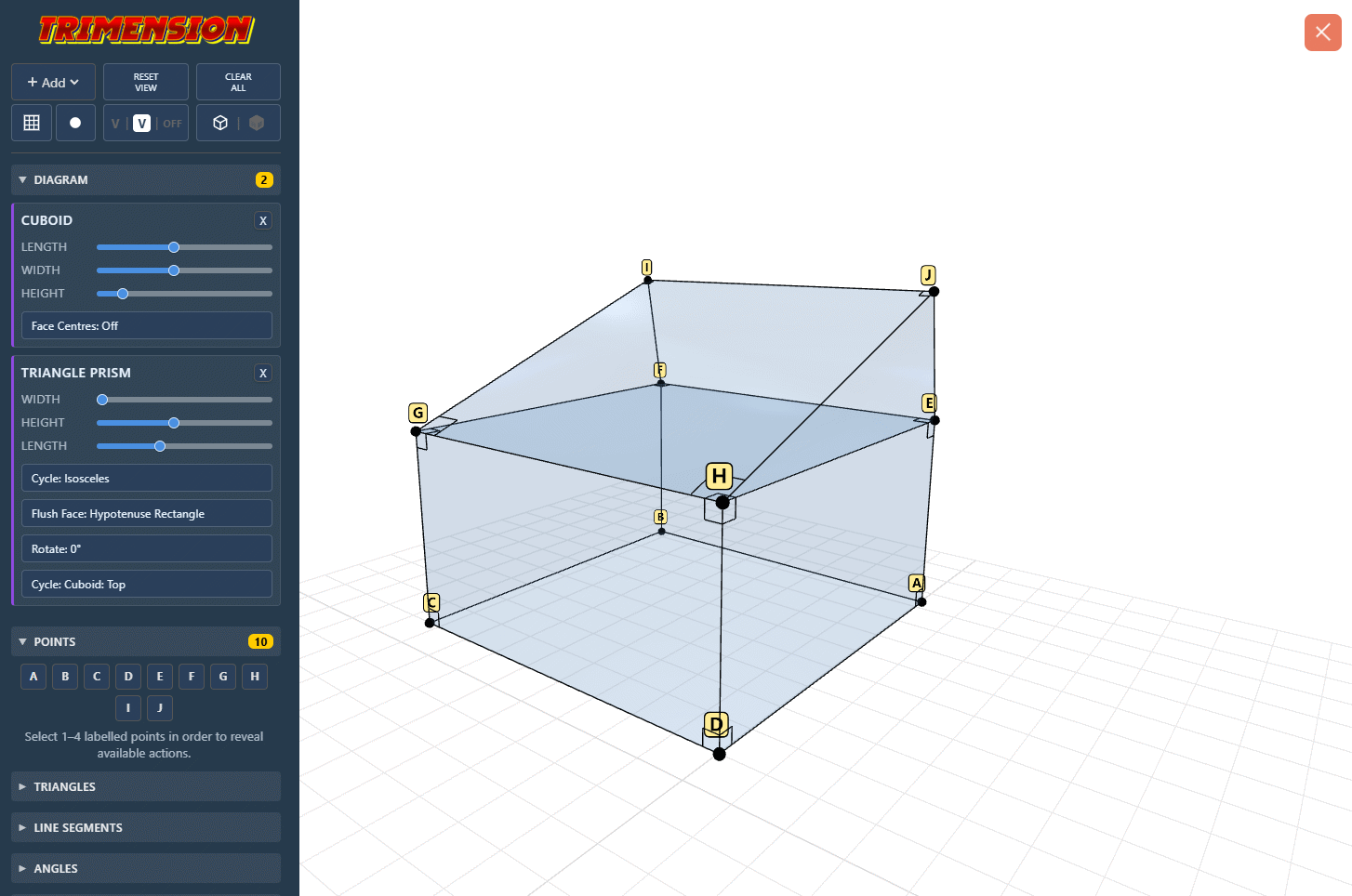 Trimension is a 3D geometry workspace that lets you build solids, draw internal triangles and planes, and instantly extract any face into a clean 2D diagram for teaching 3D Pythagoras and trigonometry.