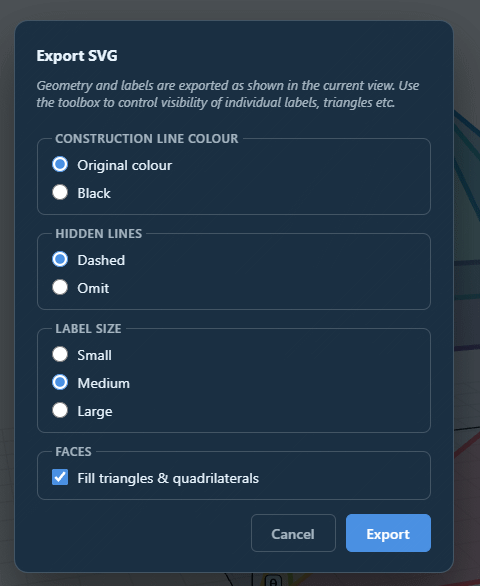Trimension can export PNG and SVG versions for worksheets and presentations. SVGs are editable in Word, PowerPoint, and SVG editors, so labels, lengths, and other details can be adjusted.