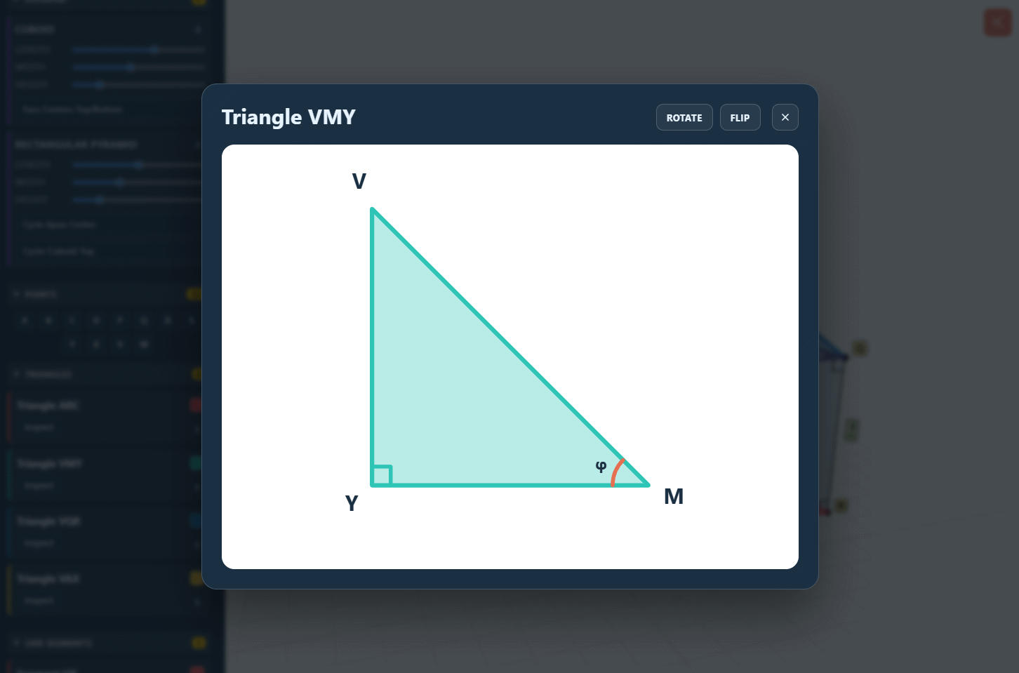 Trimension's standout feature: tap Inspect on any triangle or quadrilateral to instantly extract it into a clean, labelled 2D view, ideal for identifying triangles and walking students through the geometry step by step.