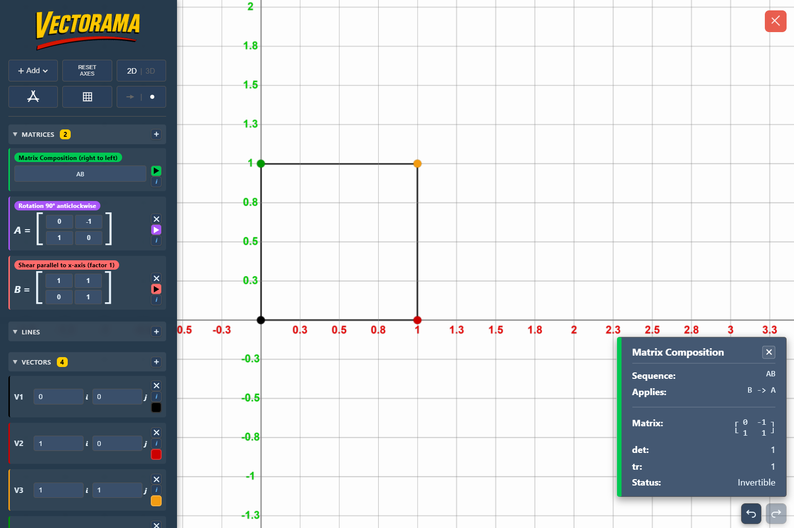 Vectorama is an interactive 2D/3D linear algebra playground that lets you explore vectors, lines, planes, and matrix transformations with instant geometric feedback and shareable scene URLs.