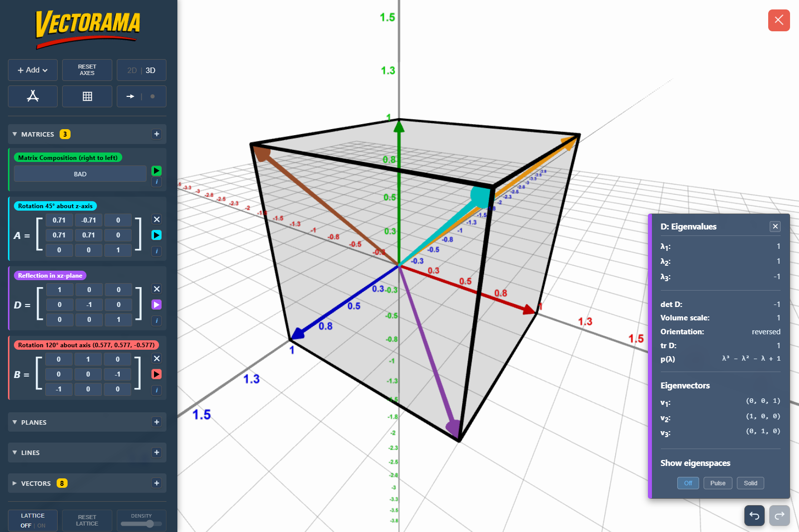 Vectorama works with 3D vectors and matrices, allowing you to explore transformations in 3D space. Ideal for A Level Further Maths and university linear algebra courses.