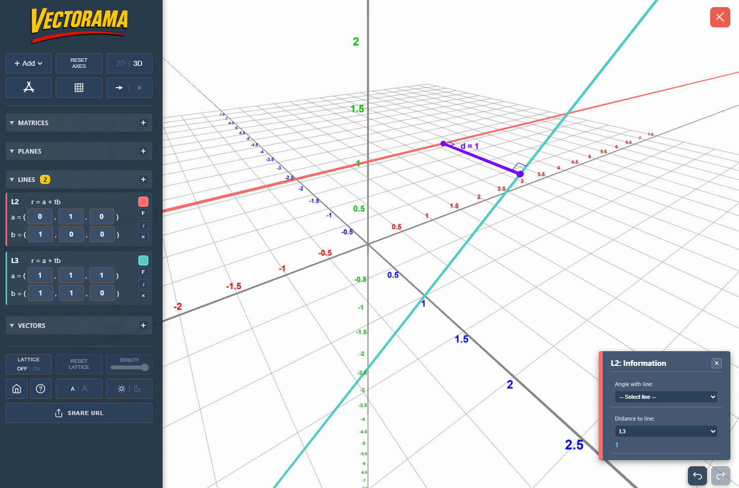 Vectorama can calculate the distance between skew lines.