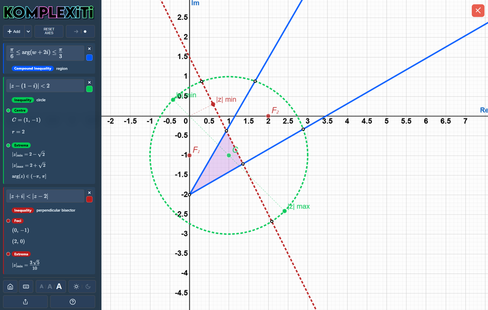 Komplexiti showing shaded regions defined by complex inequalities and loci
