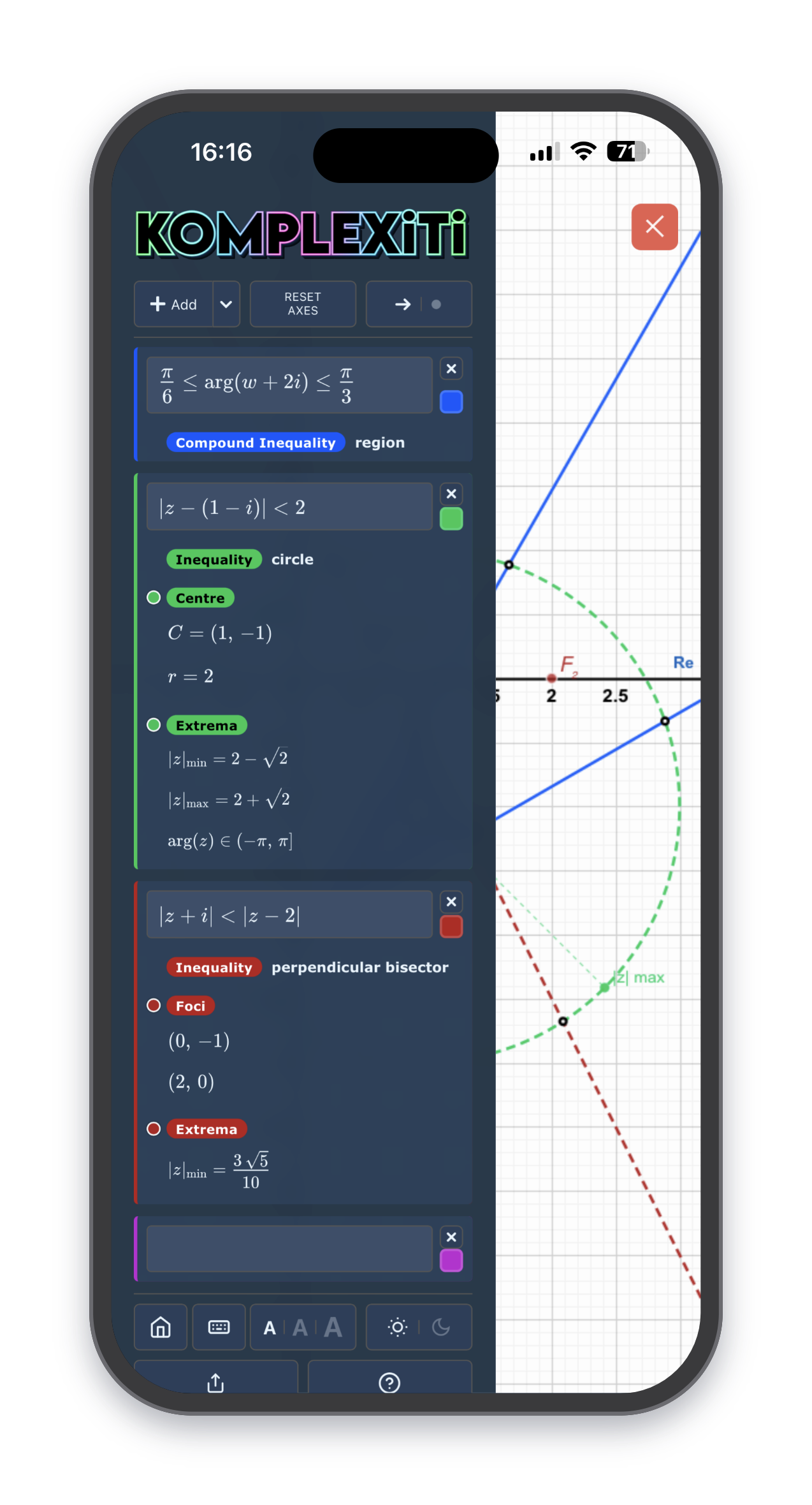 Komplexiti complex number tool showing the Argand diagram on mobile